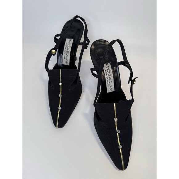 Vintage Manolo Blahnik Size 37 6 Heels Slingback Pointy Black Gold Fabric - Picture 4 of 16